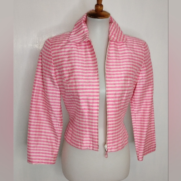 PINK GINGHAM RAW SILK CROP JACKET - Picture 6 of 12